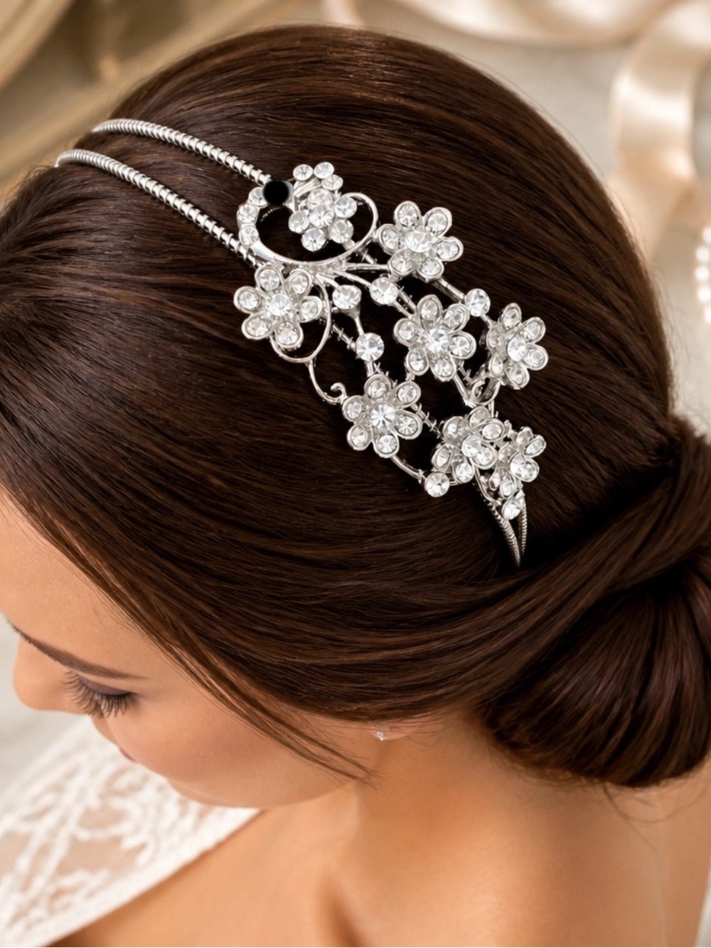 Silver-tone Crystal Peacock Floral Headband
